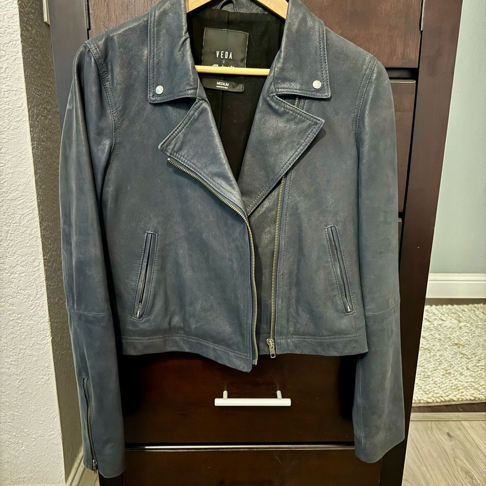 Veda x Madewell Moto Deep Blue Leather Jacket